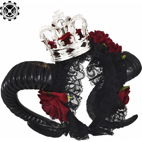 Gothic silver crown red rose headband KC lace vampire demon/black ram horn veil hair accessory for photoshoot (1/5)