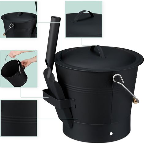Cubo para cenizas con tapa y juego de limpieza, 7,5 L - Negro
