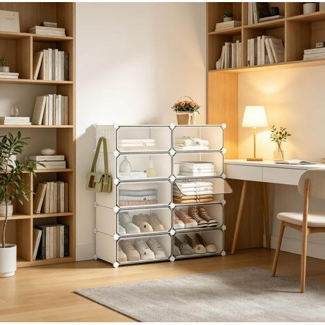 Schuhschrank 40x30x170 cm Weiß aus ABS, Metall und Polypropylen mit modularer DIY-Struktur und Staubschutz (1/5)