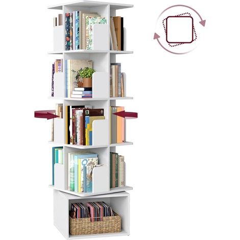 Bibliothèque rotative à 4 niveaux pivotante 40 x 40 x 156 cm ambiance moderne pour salon bureau en aggloméré blanc (1/2)