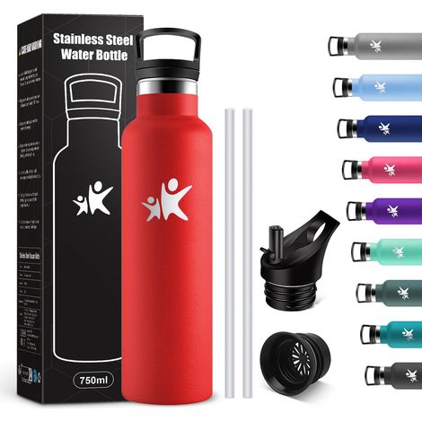 Gourde Isotherme 750ml, Bouteille Isotherme avec en Paille, Bouteille d'eau en Acier Inoxydable, sans BPA, Anti Fuite et Réutilisable, Gourde Inox pour Camping, Voyage, Bureau, Travail (1/5)