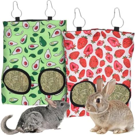 Lot de 2 sacs à foin à suspendre pour cochons d'Inde, chinchillas, hamsters, rouge, vert, fraise, avocat, lapin, petit animal de compagnie, sac à foin de dessin animé (1/5)