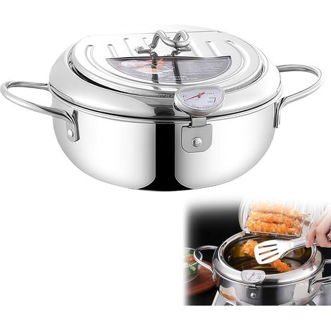 Friteuse de style japonais : marmite à frire en acier inoxydable 304 avec passoire, casserole de 2,2 l avec thermomètre, surface polie miroir Tempura Friteuse pour frites, ailes de poulet et crevettes (1/5)