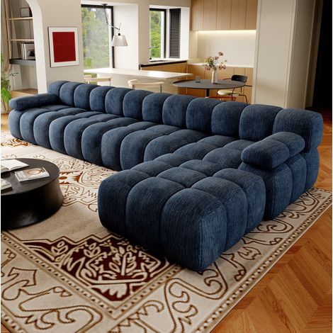 Canapé d'angle en tissu bleu, sofa panoramique en L au confort moelleux avec mousse haute élasticité, sans montage, idéal pour le salon et la chambre – CHICFURN (1/5)