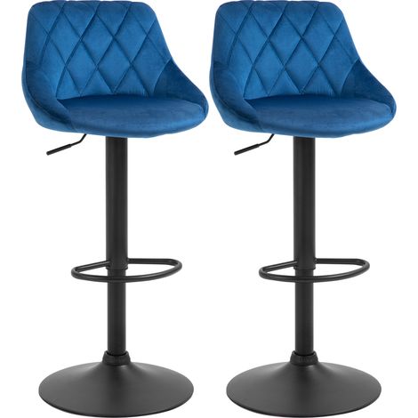 Set 2 Sgabelli da Cucina di Design con Schienale e Poggiapiedi, Seduta in Velluto e Base in Metallo, 46x48x83-104cm, Blu