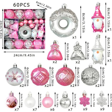 60-teiliges Weihnachtsbaumschmuck-Set mit Kugeln in verschiedenen Formen – in leuchtendem Rosa und Silber – in einer Geschenkbox geliefert – ideal für die Feiertage (1/5)