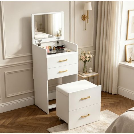 Coiffeuse avec pouf 48x40x90 cm, MDF blanc, miroir rabattable, pour petits espaces – MEUBLIV (1/5)
