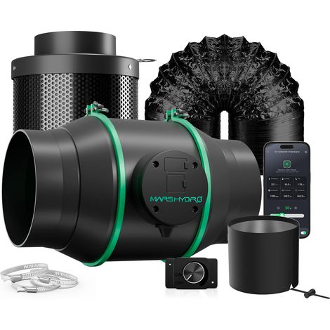 Mars Hydro – Ventilateur de conduit en ligne 150mm avec filtre à charbon rechargeable – Débit d'air 402 CFM – Contrôleur de vitesse intelligent – 32 dB