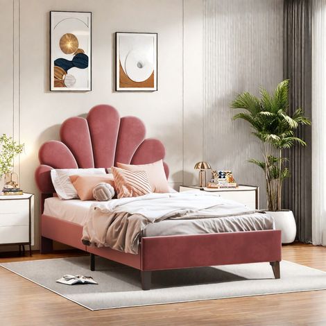 Lit capitonné pour enfant 90 x 200 cm–Lit simple en velours rose–Tête de lit réglable en hauteur–Sommier à lattes en bois massif–Capacité 200 kg