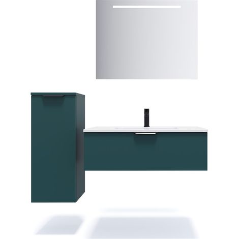 Meuble de salle de bain suspendu vasque intégrée 90cm 1 tiroir Bleu + miroir + colonne ouverture gauche - Soho (1/5)