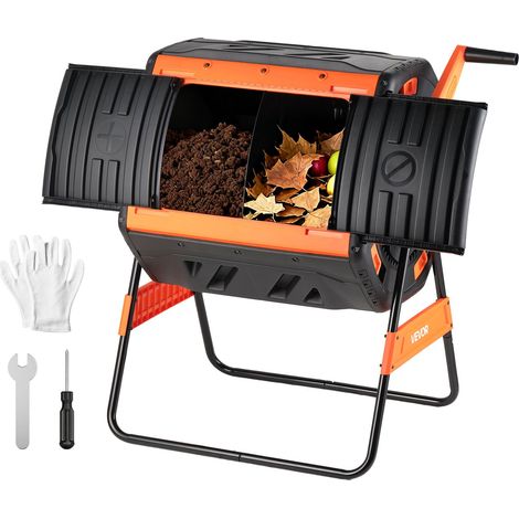 Composteur de Jardin Rotatif, Bac à Compost Capacité 200 L à Double Chambre, pour Compostage des Déchets Cuisine Jardinier Extérieur, en PP, avec 2 Portes Coulissantes et Système d'Aération (1/5)