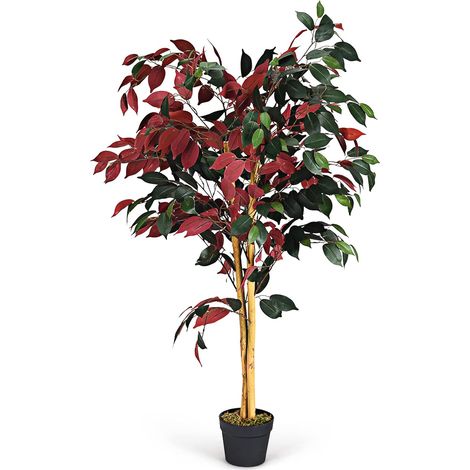 Goplus – Plante verte artificielle 120 cm – Arbre ficus avec feuilles rouges et vertes – Pot en ciment pour stabilité – Décoration intérieure et extérieure (1/5)