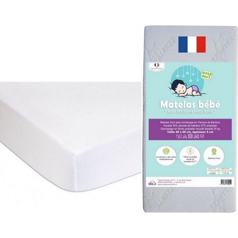 Matelas 40x90 + 2 Protèges matelas, alèses Coton BIO Blanc (1/4)