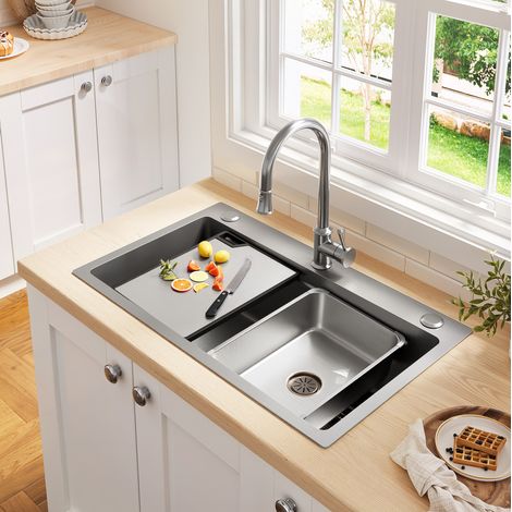 Lavello da cucina da incasso 75 x 45 cm in inox PVD con tagliere HAVRYA (1/5)