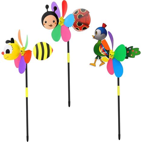 3 Piezas Molinetes para Patio y Jardín, Lindos Dibujos Animados 3D Coloridos Molinetes Decorativos con Temática de Animales Divertidos Juguetes para Niños para Fiestas de Bodas al Aire Libre (1/5)