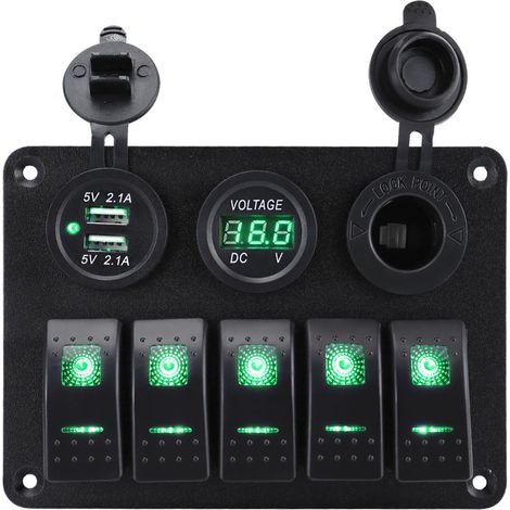 Interrupteur à Bascule Étanche 5+3 avec LED Verte, Prise Allume-Cigare USB pour Bateau et Camping-Car-lsw