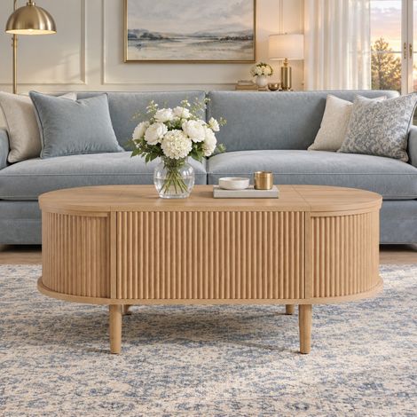 Tavolino ovale elevabile con contenitore, MDF e gambe in legno, rovere OKMYHOME (1/5)