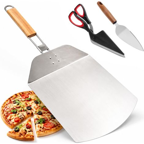 Pelle à pizza 30,5 cm inox, ciseaux à pizza, spatule à pizza, manche bois (1/5)