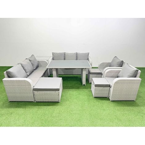Fimous 11 Seater Wicker PE Rattan Furniture Outdoor Dining Table 3 Seater Sofa Reclining Chair Set with Side Table 3 Stools Light Grey (1/4)