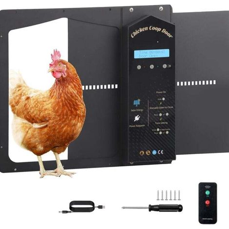 Porte Poulailler Automatique Solaire, Porte Automatique Poulailler avec Minuterie, Télécommande, Capteur de Lumière, Écran LCD Porte de Poulailler Chargement Solaire USB (1/4)