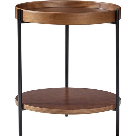 Table basse ronde à 2 plateaux en bois massif et métal, disponible en frêne naturel, noyer et noir (1/5)