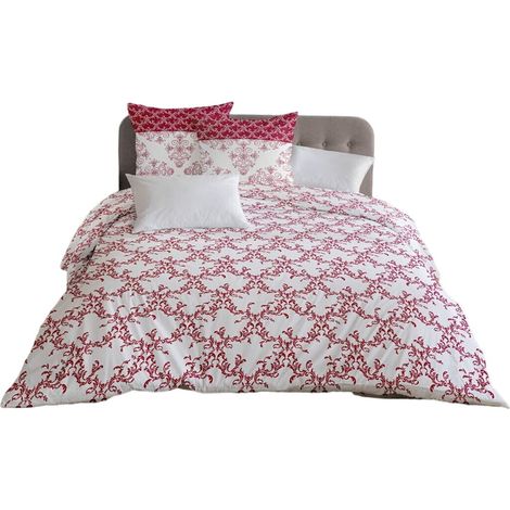 Parure de couette 220x240 cm HOME LINGE PASSION FRISE : Housse de couette + 2 taies d'oreiller - 100% Coton 57 Fils - Bordeaux (1/5)