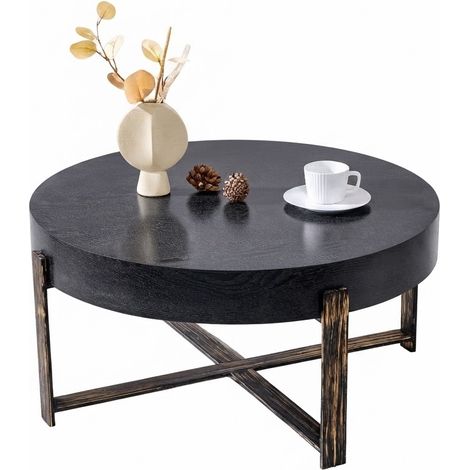 ELVMI Tavolino da Salotto Rotondo con 1 Piano, Stile Industriale, Soggiorno, in MDF e Metallo, Nero, Ø 68 cm (1/5)