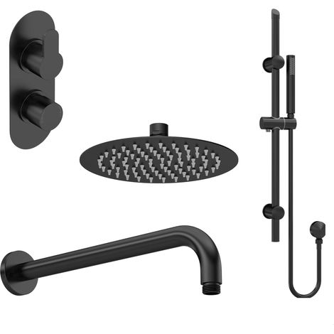 Balterley Pride Modern Round 2 Outlet Shower Valve, Head, Wall Arm and Slide Rail Handset Bundle - Black