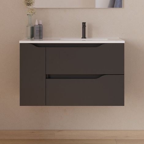 Meuble sous vasque seul, 2 tiroirs et 1 porte, 80cm, pour vasque déportée droite - noir - ZARZA