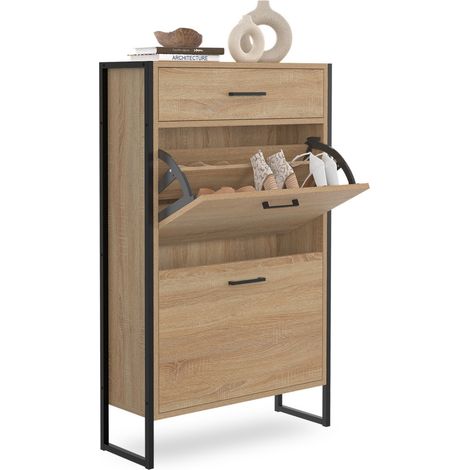 Idmarket – Meuble à chaussures 12 paires – 2 portes basculantes – Tiroir de rangement – Bois hêtre et métal noir – Dimensions L63 x P23,5 x H101,5 cm (1/5)