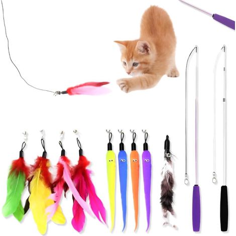 11 Pièces Jouets à Plumes pour Chats, Jouet Interactif pour Chat avec Baguette Rétractable et Plumeau de Remplacement avec Cloche Jouet Perche Télescopique pour l'intérieur Chats et Chatons (1/5)