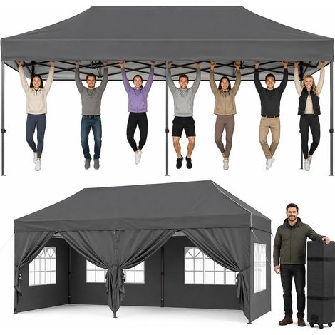 Aoxun Pop Up Gazebo 3m x 6m with Sides, Waterproof Outdoor Canopy with Wheeled Carrybag,4 Weight Bags, 12 Stakes and 6 Ropes, Heavy Duty Instant Shelter for Garden Party BBQ, Grey (1/5)