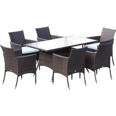 6 Seater Rattan Dining Set with Cushions, Rattan Garden Furniture Set with 6 Armchairs, Rectangular Glass Top Table, Outdoor Dining Table and Chairs, Brown