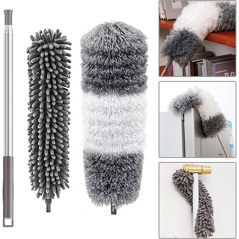 QAZQA Plumeau Poussière Télescopique, 252cm Tete de Loup Télescopique Microfibre Pliable Lavable avec Poignée en Acier Inox Parfait pour Nettoyage des Ventilateurs de Plafond Toile D'araignée, 2PCS