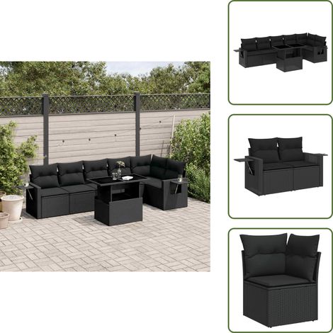 7-tlg. Garten-Sofagarnitur mit Kissen Schwarz Poly Rattan - Gartenmöbel Set - Esszimmergarnitur - Outdoor Möbel - Lounge Garnitur - Rattan Gartenmöbel (1/5)