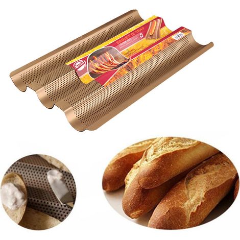 Moule à pain baguette antiadhésif 3 emplacements, cadre de cuisson pour pain français, plaque de boulangerie avec grille de refroidissement (1/5)