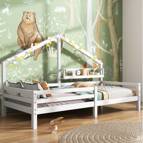 Kinderbett Kiefer Weiß 90x200 cm im Hausdesign mit Ablageregal und umlaufendem Rausfallschutz (1/5)