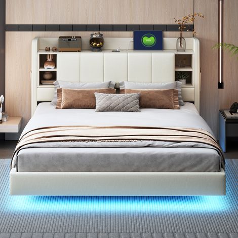 Lit double beige 160x200 cm, cadre en métal robuste, tête de lit réversible avec étagères et compartiments, bande lumineuse et port USB, revêtement en lin