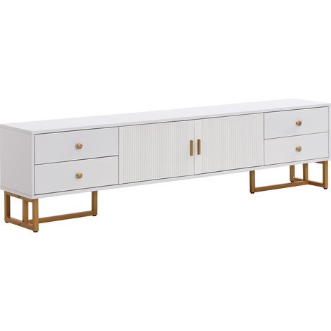 Mobile TV con 4 cassetti e 2 ante in MDF bianco 175x30x46 cm con piedi e maniglie dorati MODENUIT (1/5)
