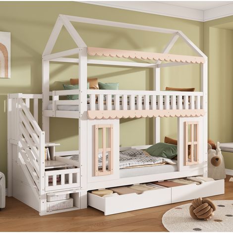 Etagenbett Kinderbett Hausform 90x200 cm, Kiefer und MDF in Weiß/Natur, mit Stauraumleiter und 2 Schubladen (1/5)