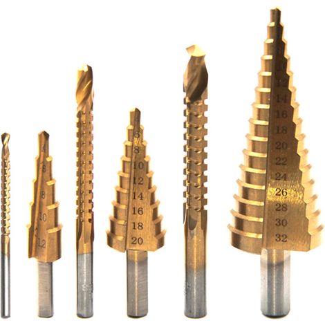 Ensemble de 6 forets étagés et scies HSS pour le perçage de tôles, aluminium, fer, métal, acier inoxydable et bois. Foret étagé multifonctionnel à rainure hélicoïdale extensible pour le travail du boi (1/5)
