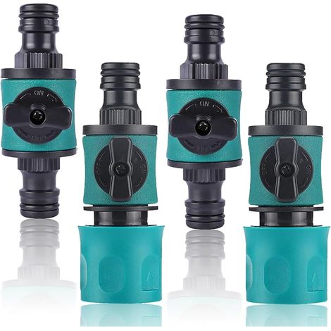 Lot de 4 raccords de tuyau d'arrosage avec valve de régulation - Raccord rapide de tuyau d'eau de 16 mm - Avec valve de régulation à 2 voies pour tuyau d'eau 1/2"