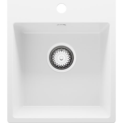 PRIMAGRAN Evier Cuisine en Granit 38x44cm, Lavabo 1 bac + Kit de Vidage, Évier à Encastrer au meuble 40cm - Riga Easy, Blanc