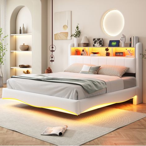 Cama tapizada 160x200 cm beige, estructura de metal con LED y almacenaje (1/5)