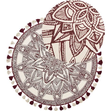 Tapis Boho Rond en Coton ø 120 cm avec Motif et Pompons Rouge et Blanc Oltu (1/5)