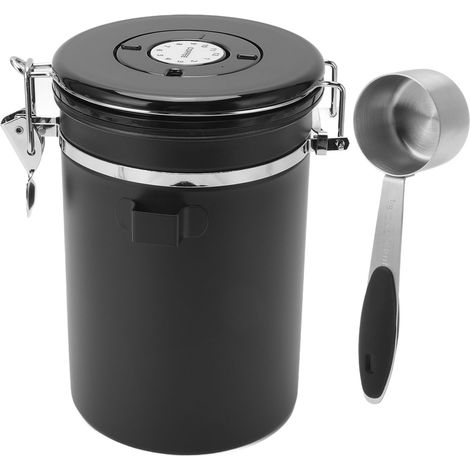 Boîte de conservation pour grains de café en acier inoxydable, hermétique, avec cuillère doseuse de 30 ml et fonction de suivi de la date. Capacité : 1,8 L, couleur noire. (1/5)