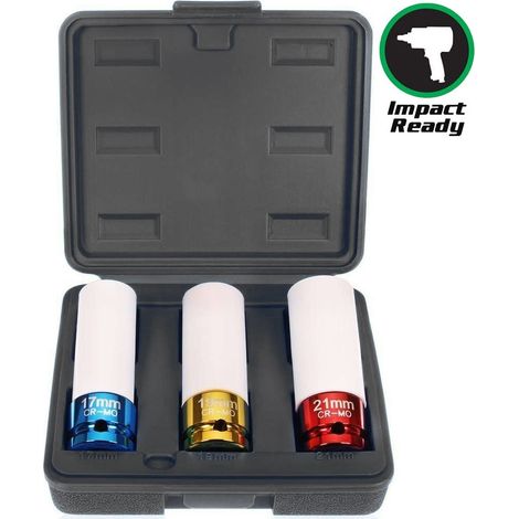 JOMAFA Juego de Vasos de Impacto para Ruedas 17mm 19mm 21 mm especiales con proteccion para llantas de aluminio  Vasos con Protectores para llantas de aluminio anti marcado