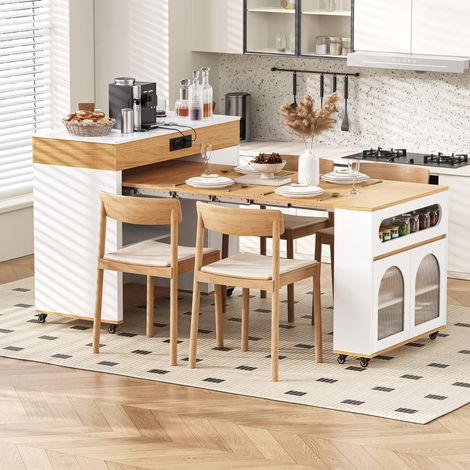 Îlot cuisine mobile extensible verre cannelé multiprise tiroir buffet table bar blanc naturel (1/5)
