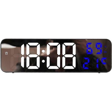 Grande horloge murale numérique LED, réveil miroir mural, cadeau d'anniversaire/Noël, bleue. (1/5)