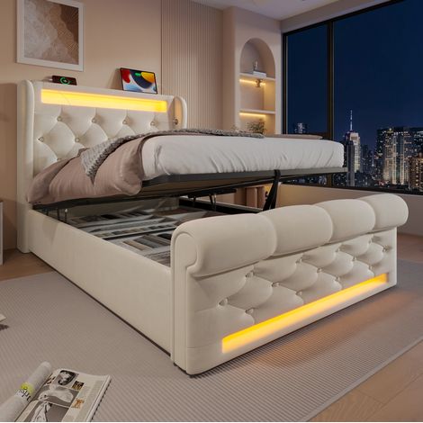 Lit coffre 90x200 LED USB hydraulique velours beige HAVRYA (1/5)